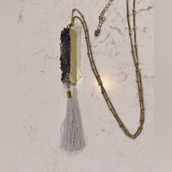 *3/$20* Gray crystal and tassel pendant gold tone long necklace - Picture 2 of 4